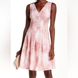 Anne Klein Pink Shell Cotton Sateen Tie Dye Print V-Neck Back Fit Flare Dress 2